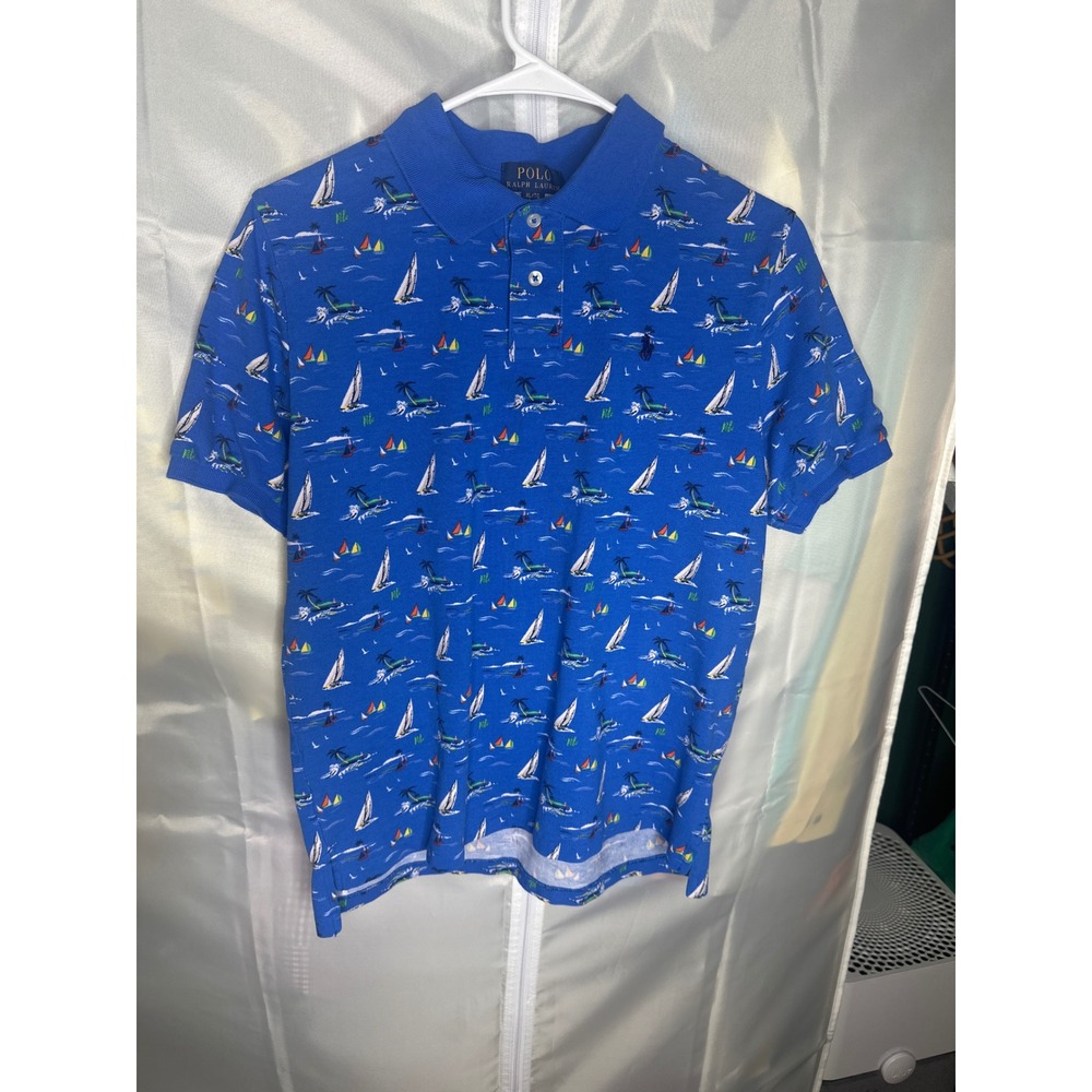 Polo Ralph Lauren Boys XL 18-20 Blue Nautical Sailboat Palm Tree Polo Shirt